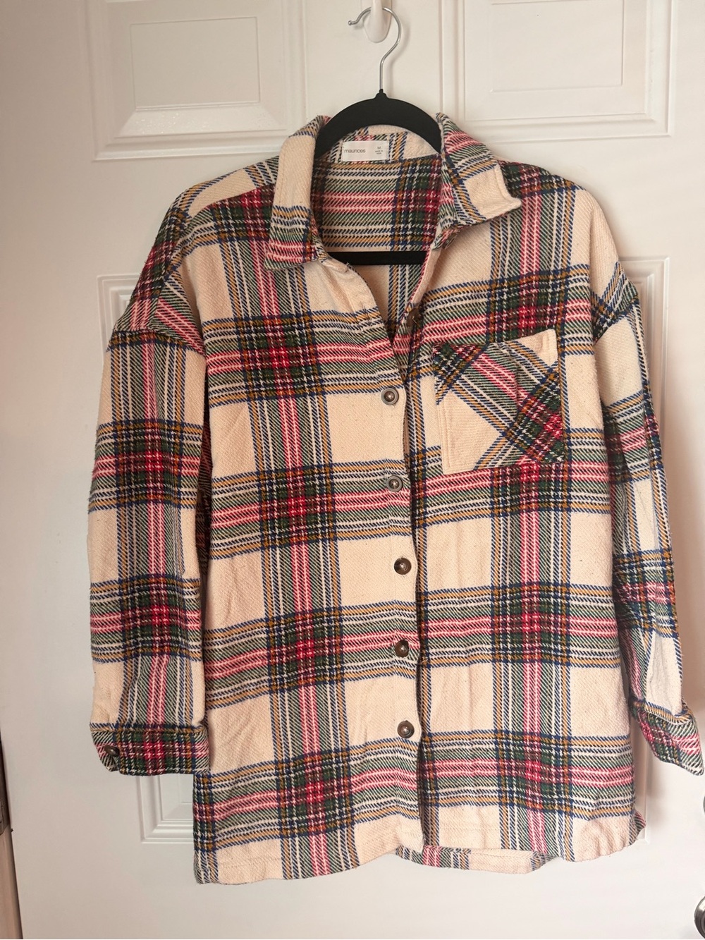 Maurices Cream Plaid Teddy Jacket with Pink & Green Stripes